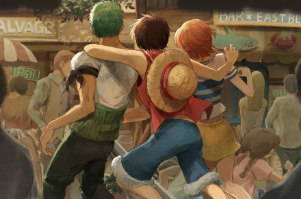 HD PC desktop wallpaper featuring Roronoa Zoro, Monkey D. Luffy, and Nami from the anime One Piece, walking through a lively market scene.