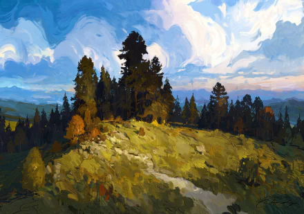 HD desktop wallpaper featuring an artistic oil painting of a lush forest on a hill under a vibrant sky.