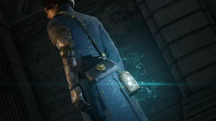 HD wallpaper featuring a character from Lies Of P game, standing in a shadowy corridor with a glowing object on the belt.