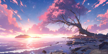 HD desktop wallpaper featuring an aesthetic anime landscape with a pink sky, a sprawling tree, and a serene beach at sunset.