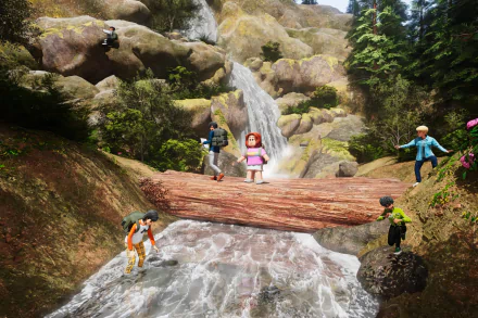 HD Roblox desktop wallpaper featuring in-game characters exploring a rocky waterfall environment.