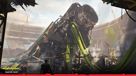 HD desktop wallpaper from Cyberpunk 2077 featuring a dystopian cityscape with futuristic machinery and a solitary figure observing the scene.