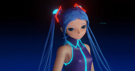 8K Ultra HD anime-style Vocaloid character with glowing blue accents and long twin tails set against a dark background, designed as a PC desktop wallpaper.