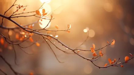 HD desktop wallpaper featuring a sunlit branch with orange leaves against a soft-focus background with sunbeams.