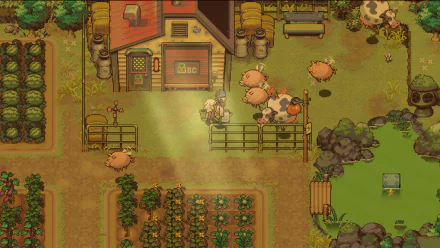 HD desktop wallpaper of Eastward: Octopia game scene with a rustic farm setting and charming pixel art.