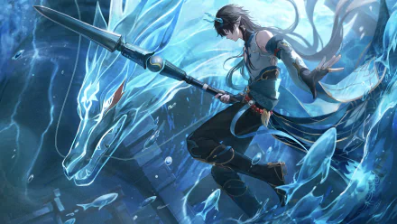 Dan Heng from Honkai: Star Rail poised with a spear against a glowing blue dragon backdrop in a 4K Ultra HD video game desktop wallpaper.