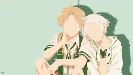 Minimalist 4K Ultra HD anime wallpaper featuring faceless Rudeus Greyrat and Sylphiette from Mushoku Tensei: Jobless Reincarnation, with a soft green background.