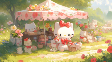A charming HD desktop wallpaper featuring Hello Kitty and friends at a floral market. The scene is vibrant, filled with cute characters amidst a beautiful garden setting.