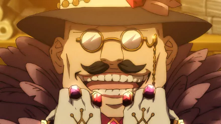 HD desktop wallpaper from The Rising of the Shield Hero featuring a close-up of a smiling character with glasses, a hat, and a majestic outfit.