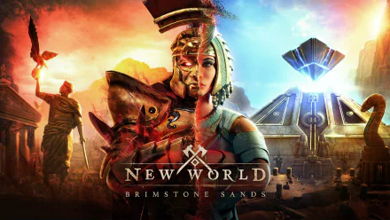 HD desktop wallpaper for the video game New World featuring a warrior in futuristic armor with a red-hued, dynamic battlefield backdrop titled Brimstone Sands.