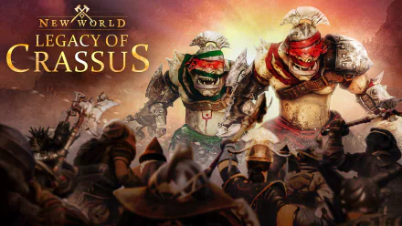 HD desktop wallpaper for the video game New World: Legacy of Rassus featuring two armored warriors in intense battle.