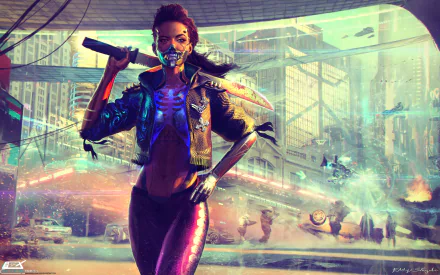 A vibrant HD wallpaper from Cyberpunk 2077 featuring a fierce character wielding a knife, set against a futuristic city backdrop with dynamic action elements.