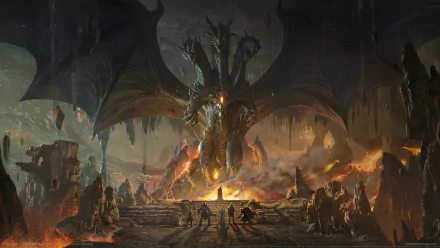HD desktop wallpaper featuring a majestic dragon from Dragonheir: Silent Gods with warriors gathered around, set in a dark, atmospheric fantasy setting.