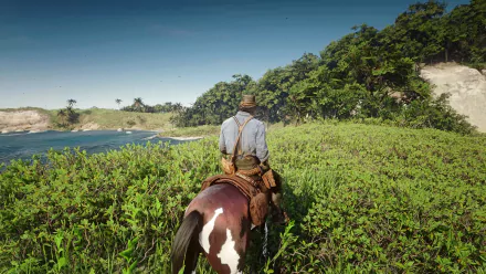 4K Ultra HD PC desktop wallpaper featuring a Red Dead Redemption 2 scene with a character riding a horse through lush greenery near a body of water under a clear sky.