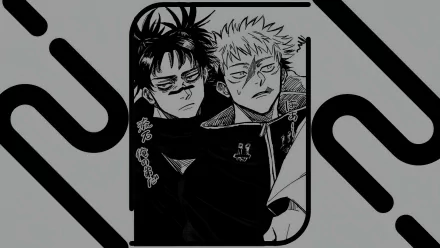 Black and white 4K Ultra HD anime wallpaper featuring Choso and Yuji Itadori from Jujutsu Kaisen with bold graphic accents on a dark background.