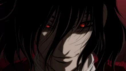 Alucard from Hellsing anime with glowing red eyes on a dark background - HD desktop wallpaper.