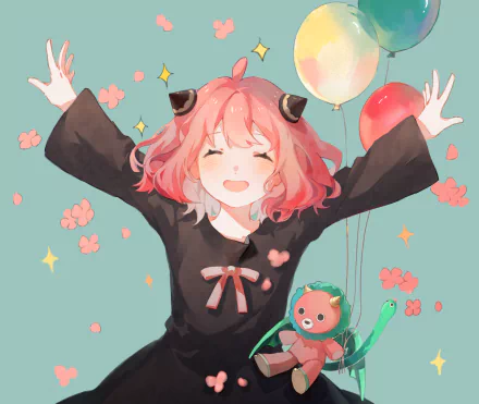 HD anime wallpaper featuring Anya Forger from Spy x Family, joyfully raising her arms against a pastel background with balloons and floral accents.
