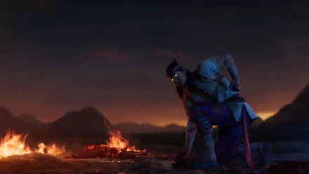 Liu Kang kneels beside a fire in this dynamic HD wallpaper from Mortal Kombat 1, set against a dramatic sunset backdrop with mountains in the distance.