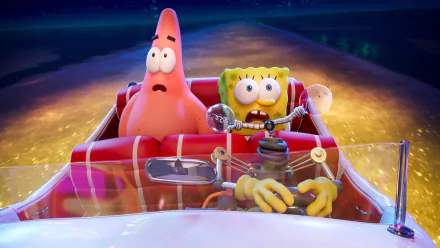 HD wallpaper from 'The SpongeBob Movie: Sponge on the Run' featuring SpongeBob SquarePants and Patrick Star excitedly driving a red convertible on a vibrant, adventure-filled highway.