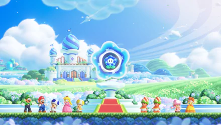 HD Super Mario Bros. Wallpaper Featuring Characters in a Vibrant Mushroom Kingdom Landscape.