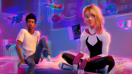 HD desktop wallpaper of Miles Morales and Spider-Gwen from Spider-Man: Across The Spider-Verse.