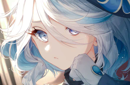 HD PC desktop wallpaper featuring Furina from the video game Genshin Impact, showcasing her detailed face with flowing white hair and expressive eyes.