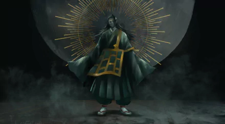 HD PC desktop wallpaper featuring Suguru Geto from the anime Jujutsu Kaisen, depicted with a radiant halo and traditional attire against a dark, moody background.