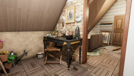 Alt Text: HD desktop wallpaper and background from House Flipper 2 featuring a detailed game scene of a cozy renovated attic space with wooden floors, vintage furniture, and decorative elements.