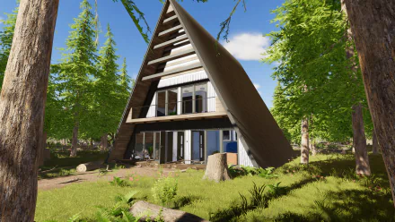 AHD wallpaper showcasing a modern A-frame house surrounded by lush greenery, inspired by the video game House Flipper 2, blending nature with contemporary design.