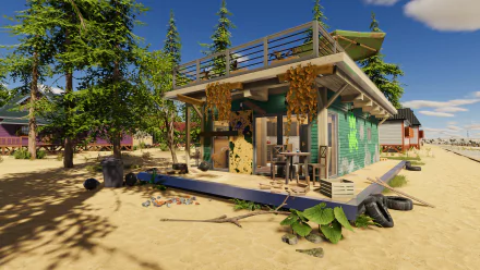 HD desktop wallpaper of a beachside house from House Flipper 2 game, featuring renovation and simulation gameplay elements.
