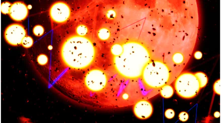 4K Ultra HD anime wallpaper from The Eminence in Shadow featuring glowing orbs against a vivid red celestial background with subtle geometric lines.