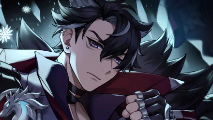 HD desktop wallpaper featuring Wriothesley from Genshin Impact, depicted with an intense gaze and dynamic, dark attire.