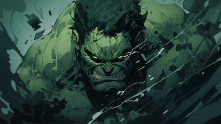 HD desktop wallpaper featuring an intense illustration of the Hulk bursting with rage amidst shattered debris.