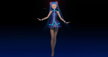 8K Ultra HD anime wallpaper featuring Hatsune Miku, the iconic Vocaloid character, glowing in blue and purple tones against a dark background.