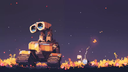 Pixel art HD desktop wallpaper featuring Wall-E character in a starry twilight setting.