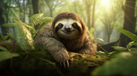 A peaceful sloth rests on a tree branch, surrounded by lush greenery in a sunlit forest, captured in stunning detail for a vibrant HD desktop wallpaper.