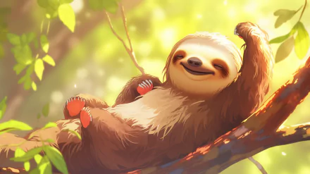 HD desktop wallpaper of a smiling sloth lounging on a tree branch with lush green foliage in the background.