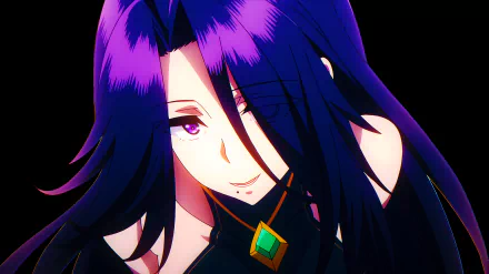 Aurora from The Eminence in Shadow anime, depicted with flowing purple hair and a glowing green pendant, rendered in vibrant 4K Ultra HD for PC desktop wallpaper.