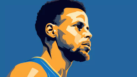 HD desktop wallpaper featuring a stylized graphic portrait of a basketball player in blue, set against a bold blue background.