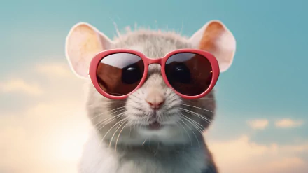 HD desktop wallpaper featuring a cute mouse wearing sunglasses against a blue sky background.