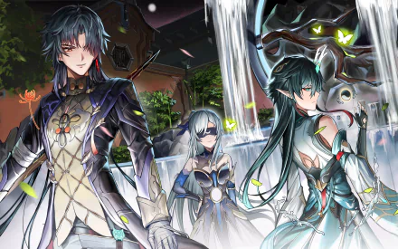 HD desktop wallpaper featuring characters Jingliu, Blade, and Dan Heng from Honkai: Star Rail posed dramatically with a waterfall backdrop.