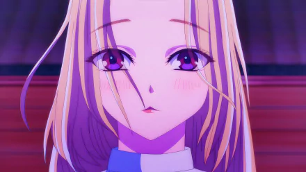 Close-up of an anime girl with long blonde hair and purple eyes, rendered in 8K Ultra HD, from Isaku Senagaki's A Girl and Her Guard Dog PC desktop wallpaper.