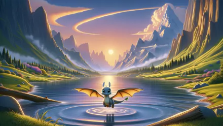 A majestic dragon flying over a tranquil valley at sunset, with mountains and a lake in the background. Perfect HD desktop wallpaper.