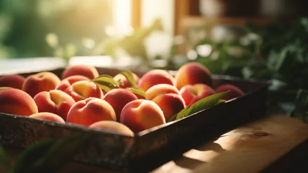 A vibrant HD wallpaper featuring a wooden tray filled with fresh, juicy peaches, illuminated by warm sunlight, surrounded by lush greenery.