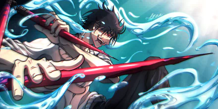 Toji Fushiguro from Jujutsu Kaisen wields red blades amid swirling blue energy in this dynamic 4K Ultra HD anime desktop wallpaper and background.