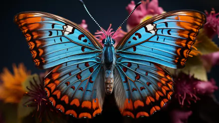 A vibrant blue and orange butterfly showcases intricate patterns against a blurred floral background, making it an eye-catching HD desktop wallpaper.