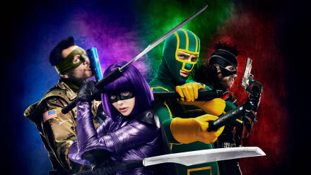 4K Ultra HD desktop wallpaper featuring the main characters from the movie Kick-Ass 2 in dynamic, action-ready poses against a vibrant, multicolored background.