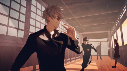 HD anime desktop wallpaper featuring Satoru Gojo, Suguru Geto, and Shoko Ieiri from Jujutsu Kaisen in a sunlit traditional Japanese room.