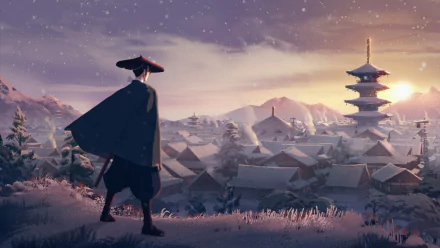 HD desktop wallpaper featuring a samurai with a blue eye overlooking a snowy village with a pagoda in the background.