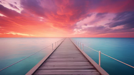 HD wallpaper of a serene pier extending into the sea with a vibrant sunset sky.